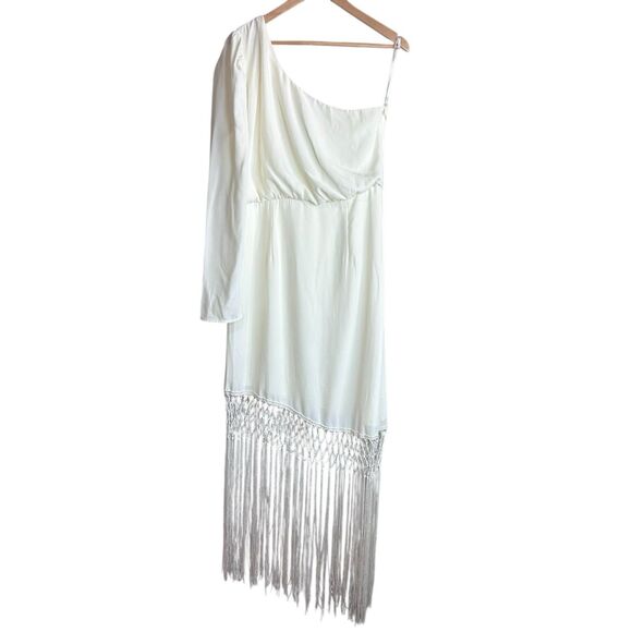 Lulus Love at Dusk Cream One-Shoulder Asymmetrical Fringe Midi Dress Size Large - Picture 1 of 10